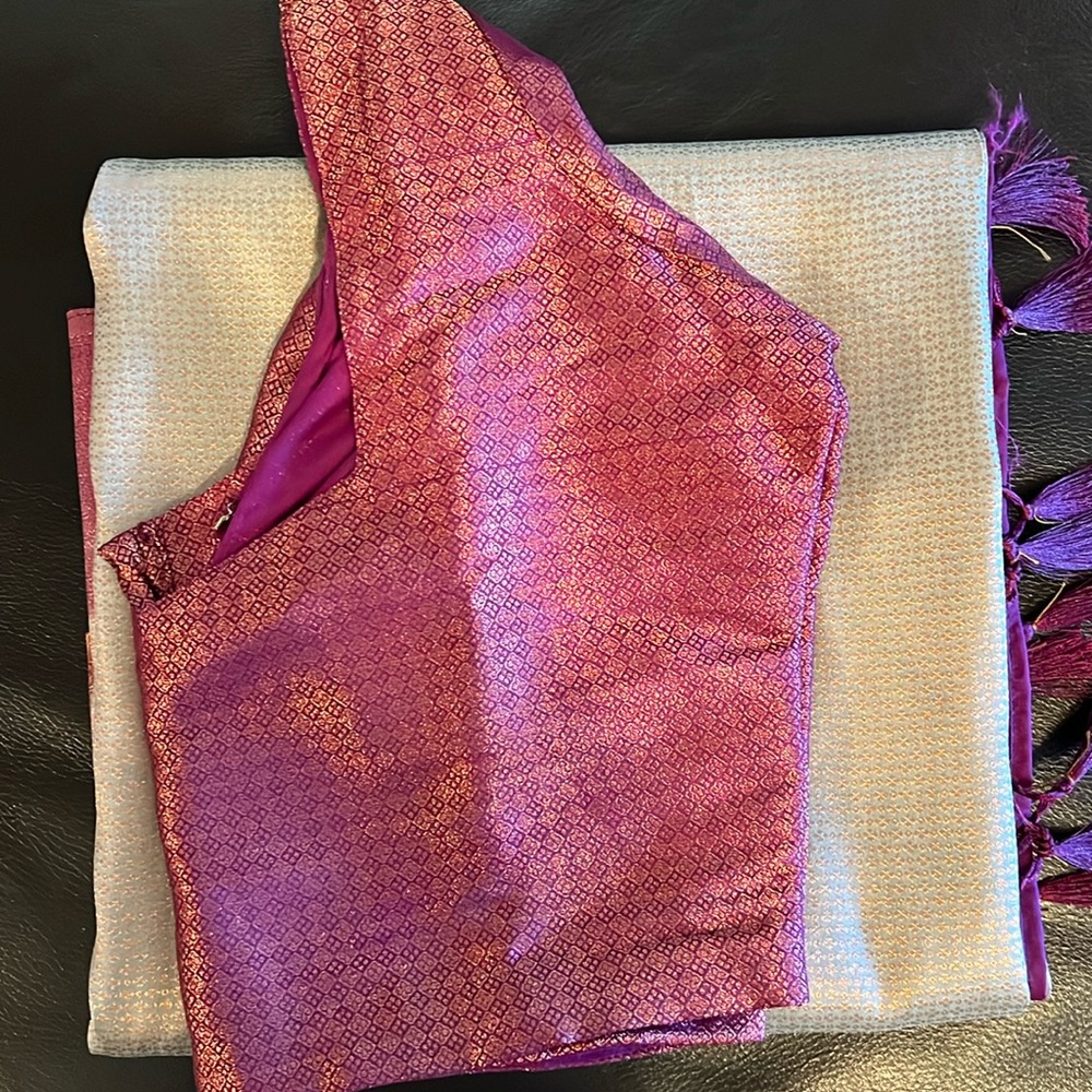 Grey And Wine Color Combination Saree With Stitch… - image 1